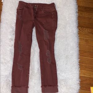 Burgundy Skinny jeans with stylish tears